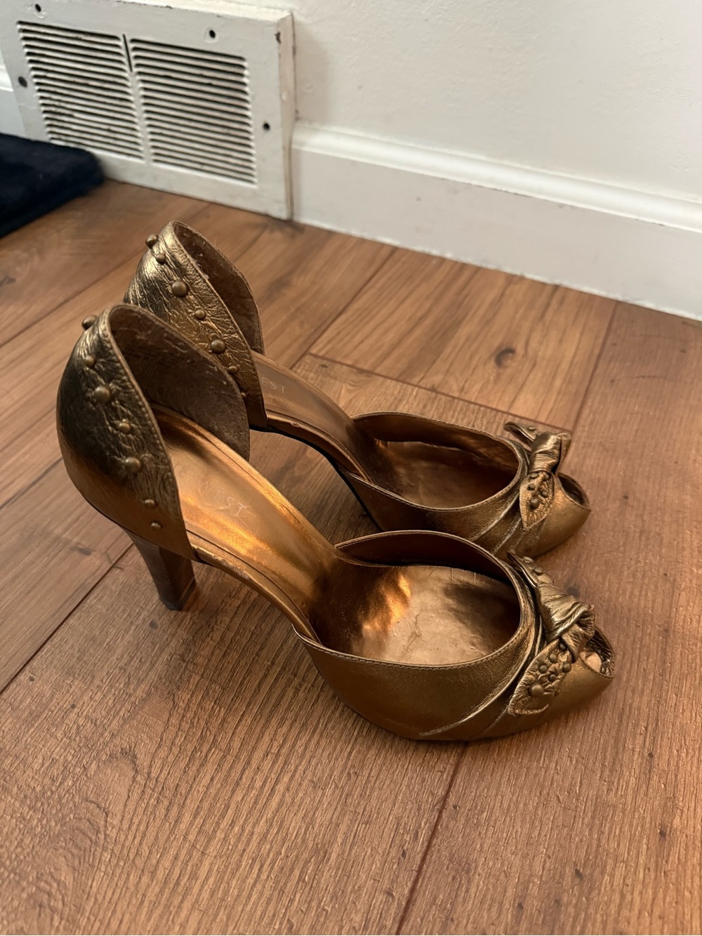 Nine West Metallic Bronze Open-Toe Heels with Knot Detail